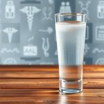 Egy pohár desztillált víz egészségügyi szimbólumok hátterében.