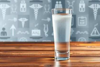 Egy pohár desztillált víz egészségügyi szimbólumok hátterében.