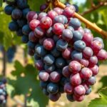 Kék szőlőfürtök a szőlőültetvényen, egészséges táplálkozás részét képezik.