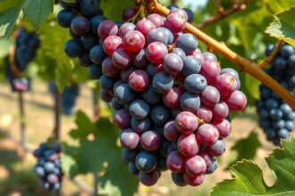 Kék szőlőfürtök a szőlőültetvényen, egészséges táplálkozás részét képezik.