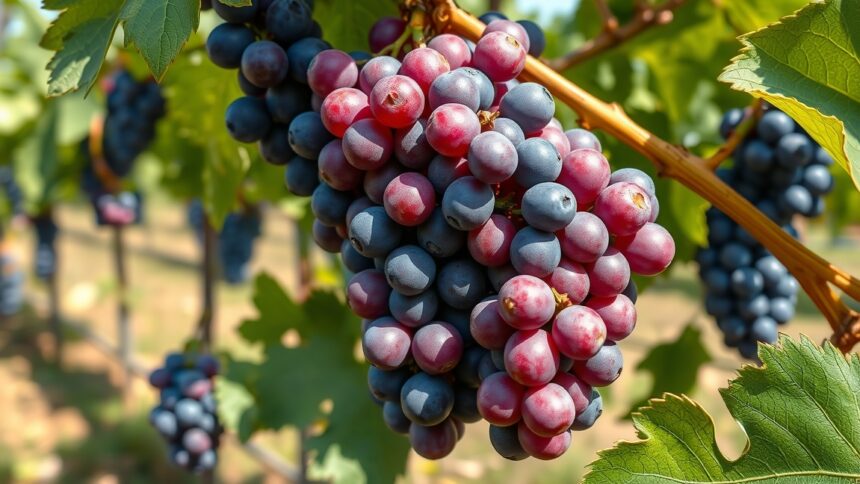 Kék szőlőfürtök a szőlőültetvényen, egészséges táplálkozás részét képezik.