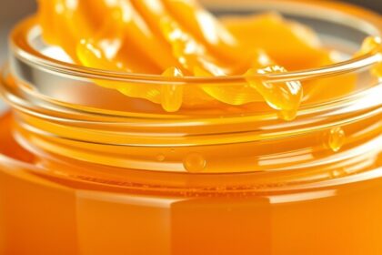 Méhpempő üveg, habos, narancssárga állagban.