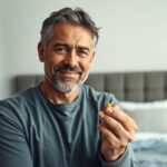 Férfi Cialis tablettával, potencia és szexuális egészség jelképével.