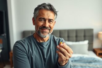 Férfi Cialis tablettával, potencia és szexuális egészség jelképével.