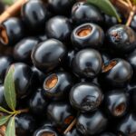 Fekete olajbogyók egy fa tálban, friss zöld levelekkel.