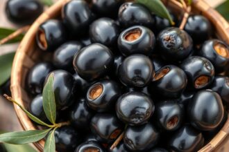 Fekete olajbogyók egy fa tálban, friss zöld levelekkel.