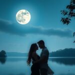 Szerelmes pár a telihold fényében, romantikus tóparti jelenet
