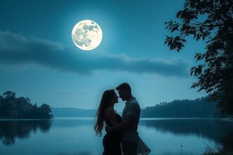 Szerelmes pár a telihold fényében, romantikus tóparti jelenet