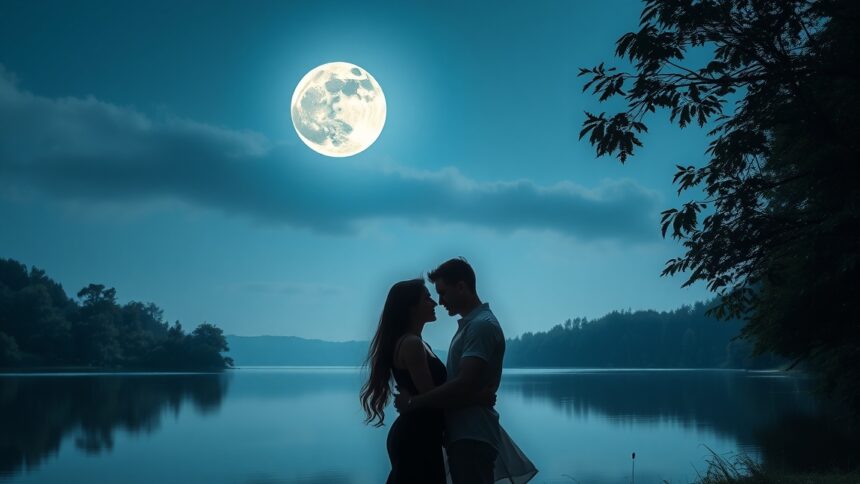 Szerelmes pár a telihold fényében, romantikus tóparti jelenet