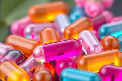 Színes lágyzselatin kapszulák tömege, az egészség támogatására.