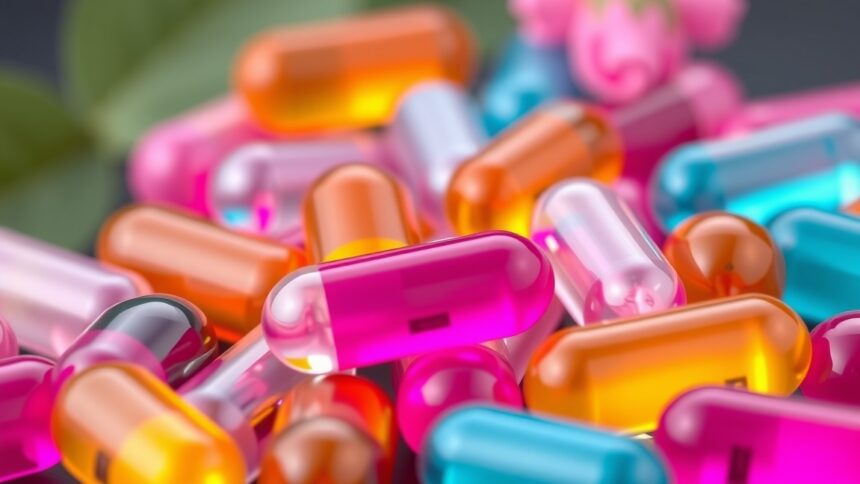 Színes lágyzselatin kapszulák tömege, az egészség támogatására.