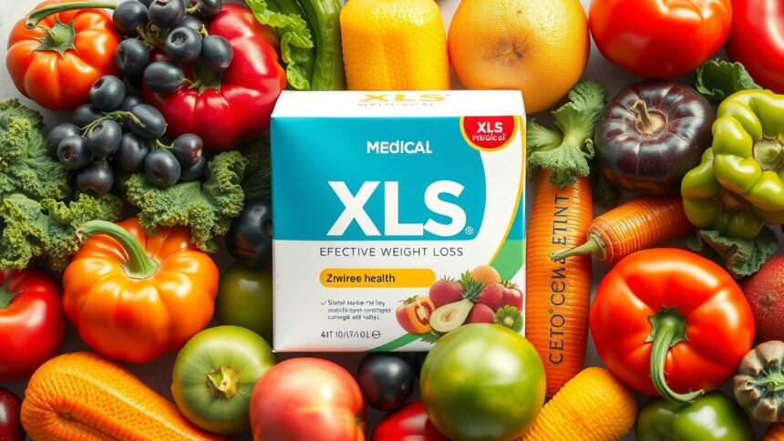 XLS Medical fogyókúrás kiegészítő, friss gyümölcsök és zöldségek között.