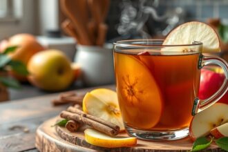 Almahéj tea friss alma szeletekkel és fahéjjal.