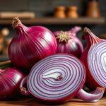 Lilahagyma friss zöldségek között, amely egészségügyi előnyöket kínál.