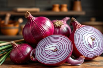 Lilahagyma friss zöldségek között, amely egészségügyi előnyöket kínál.