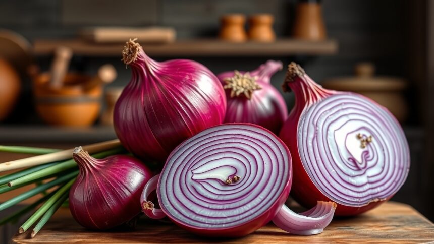 Lilahagyma friss zöldségek között, amely egészségügyi előnyöket kínál.