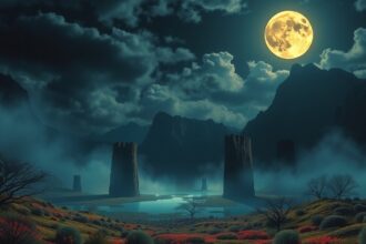 Telihold a hegyek felett, titokzatos táj és sötét felhők.