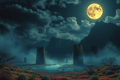 Telihold a hegyek felett, titokzatos táj és sötét felhők.