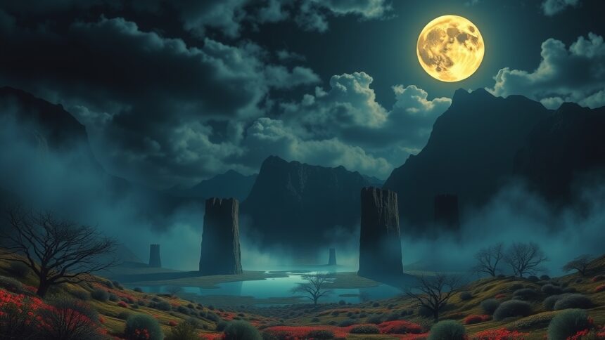 Telihold a hegyek felett, titokzatos táj és sötét felhők.