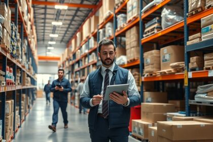 Raktárban dolgozó szakember leltározási eszközt használ