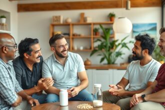 Férfiak beszélgetnek szója jótékony hatásairól az egészségre.