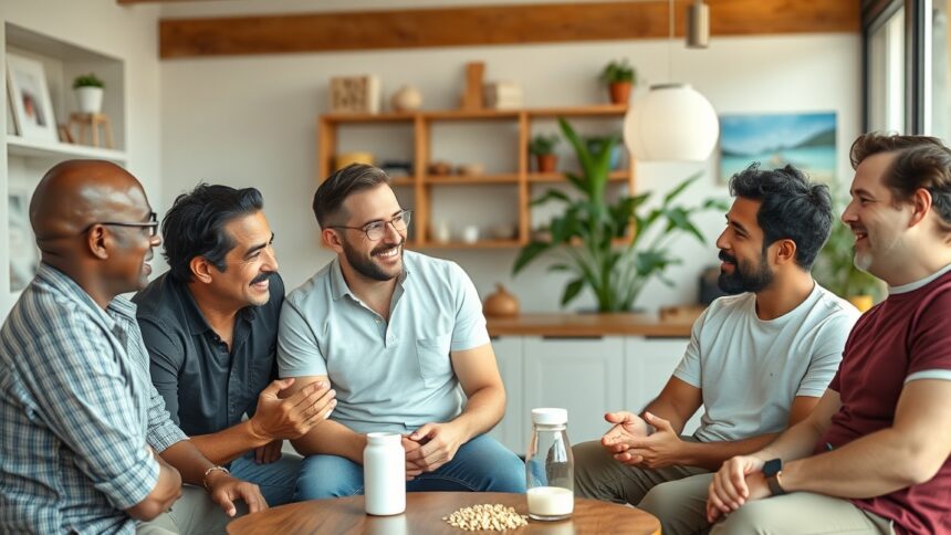 Férfiak beszélgetnek szója jótékony hatásairól az egészségre.