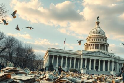 A pénzhalmokkal borított Capitol épület, madarak röpülnek fölötte.