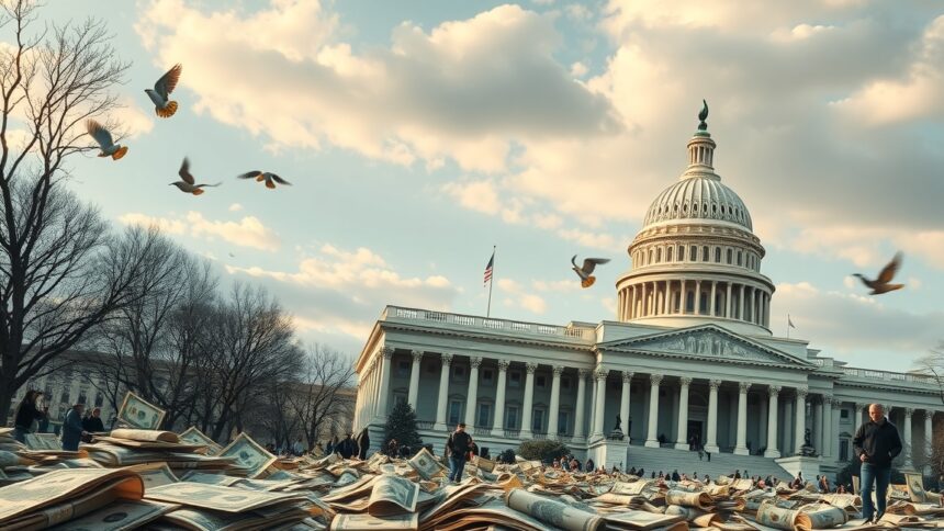 A pénzhalmokkal borított Capitol épület, madarak röpülnek fölötte.