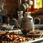 Teafőző kályha a konyhában, tealevelek az asztalon.