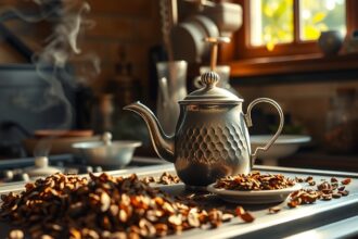 Teafőző kályha a konyhában, tealevelek az asztalon.