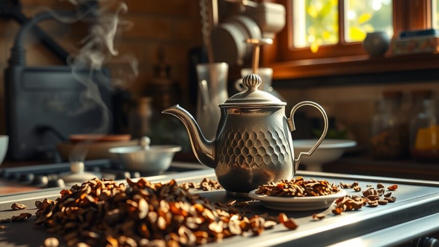 Teafőző kályha a konyhában, tealevelek az asztalon.