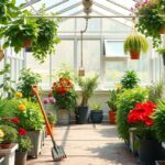 Színes növények egy üvegházban, zöld növényekkel és virágokkal.