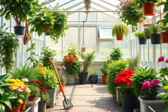 Színes növények egy üvegházban, zöld növényekkel és virágokkal.