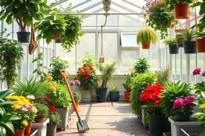 Színes növények egy üvegházban, zöld növényekkel és virágokkal.