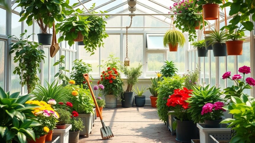 Színes növények egy üvegházban, zöld növényekkel és virágokkal.