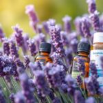 Levendulaolaj palackok virágzó levendula mezőben