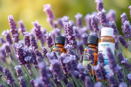 Levendulaolaj palackok virágzó levendula mezőben