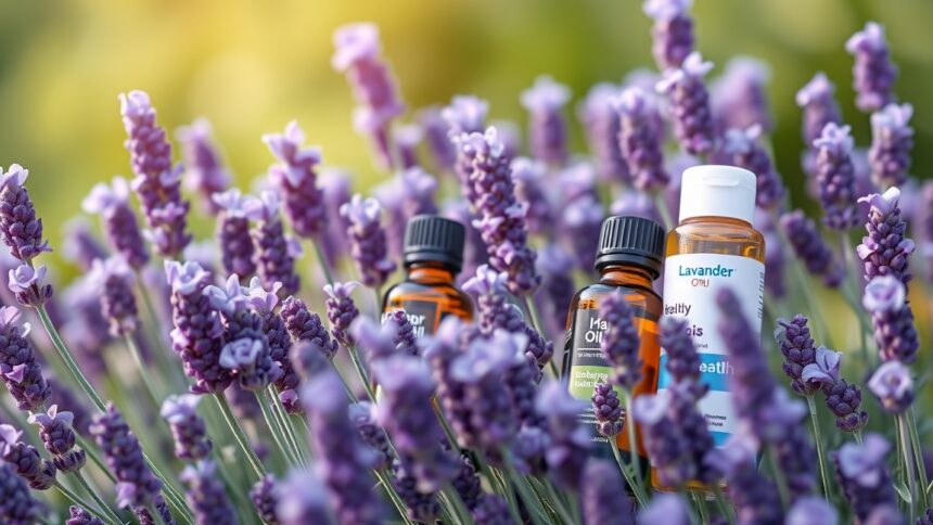 Levendulaolaj palackok virágzó levendula mezőben