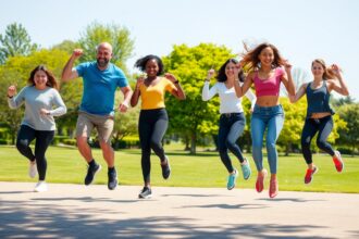 Vidám emberek ugrókötél edzés közben a szabadban