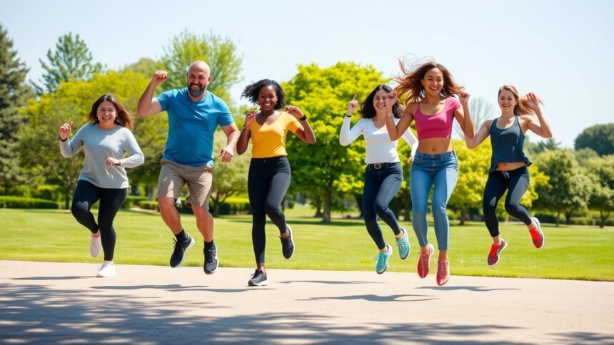 Vidám emberek ugrókötél edzés közben a szabadban