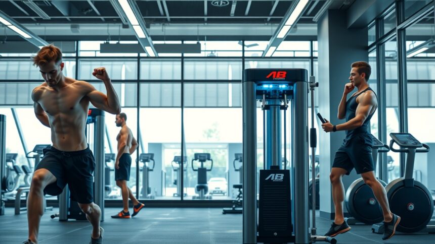 Férfiak az AB Generator edzőgépnél edzés közben a fitneszteremben