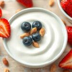 Friss joghurt eperrel, áfonyával és mogyoróval tálalva