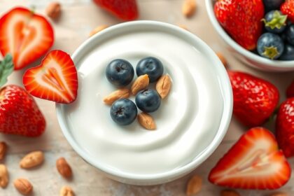 Friss joghurt eperrel, áfonyával és mogyoróval tálalva