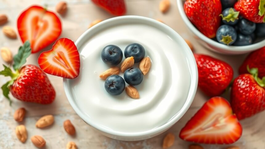 Friss joghurt eperrel, áfonyával és mogyoróval tálalva