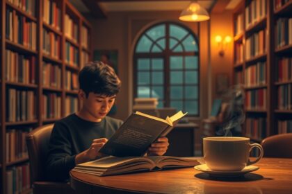 Fiú olvas egy könyvet egy könyvtárban, gőzölgő kávé mellett.