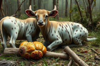 Két tehenet egy szép erdőben, gyümölcsekkel a földön.