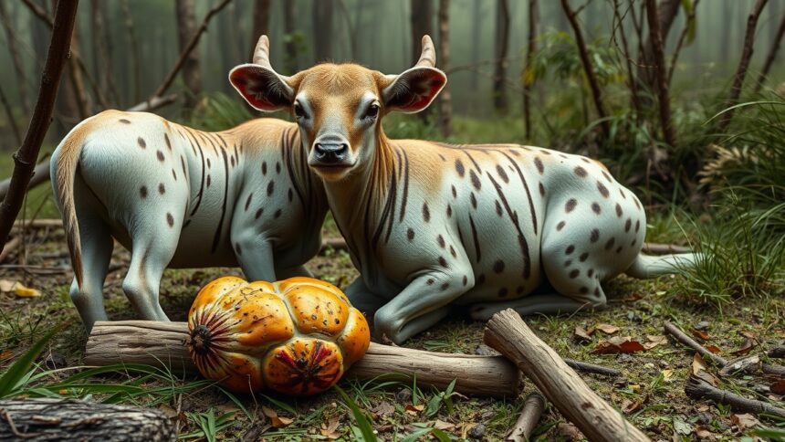 Két tehenet egy szép erdőben, gyümölcsekkel a földön.