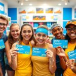 Decathlon hűségkártyát tartó sportolók mosolyognak a boltban.