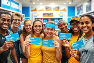 Decathlon hűségkártyát tartó sportolók mosolyognak a boltban.