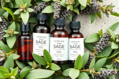 Orvosi zsályaolaj palackjai friss zöld levelekkel körülvéve